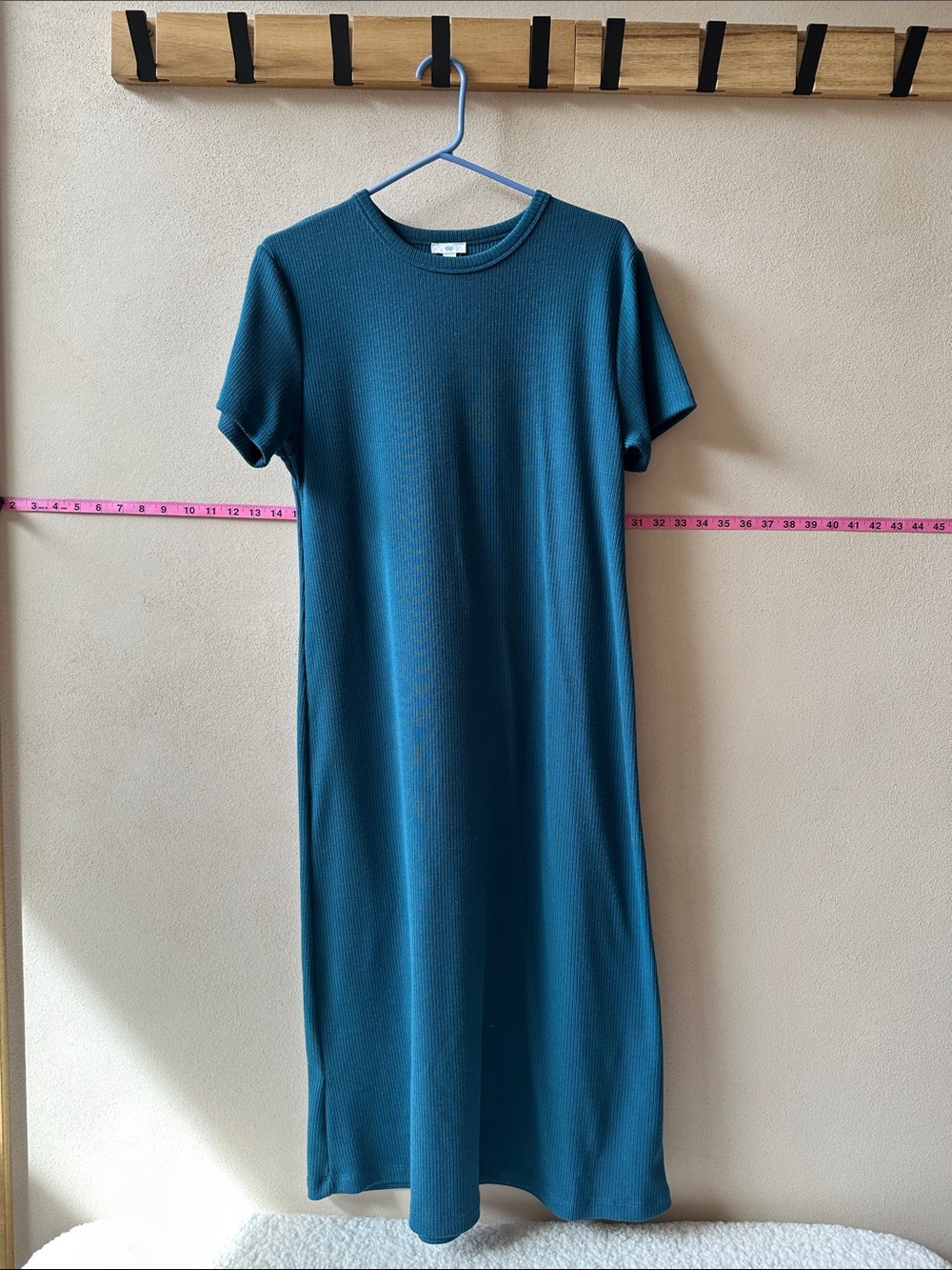 Women's Teal Ribbed Short-Sleeve Midi Dress